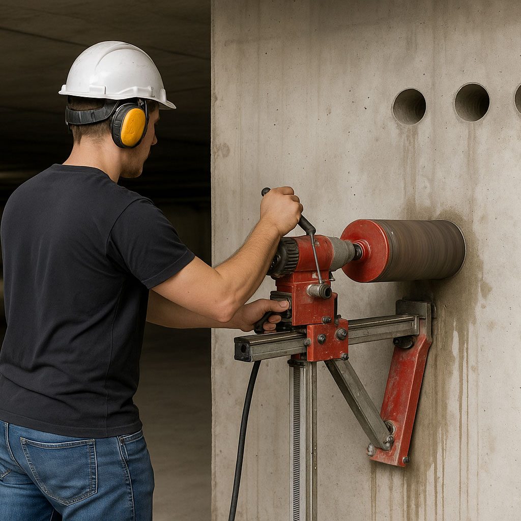 Arbeiter mit Helm und Gehörschutz bohrt in betongrauem Wandstück.