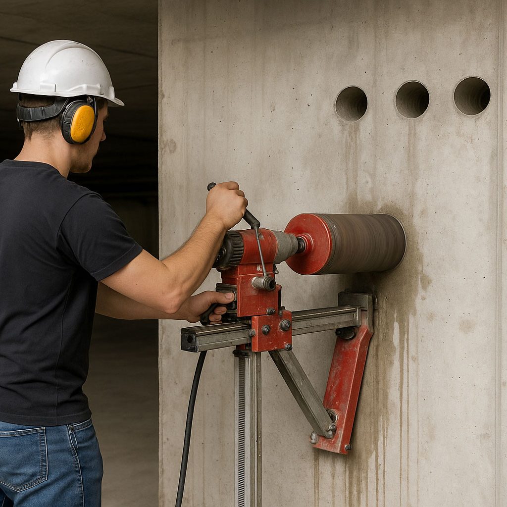 Arbeiter mit Schutzhelm schneidet Betonwand mit einer Diamantbohrmaschine.