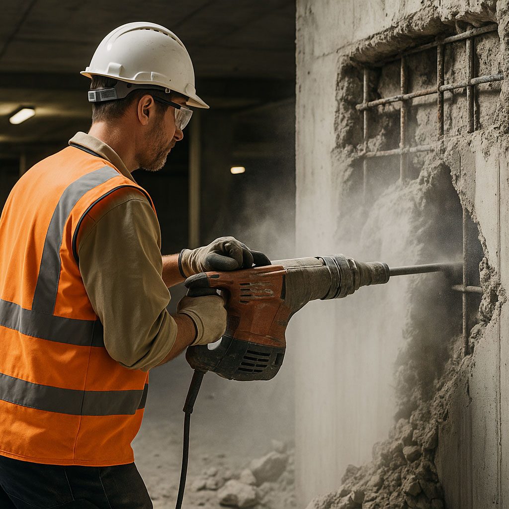 Ein Bauarbeiter mit Helm und Weste bearbeitet eine Betonwand mit einem Bohrhammer.